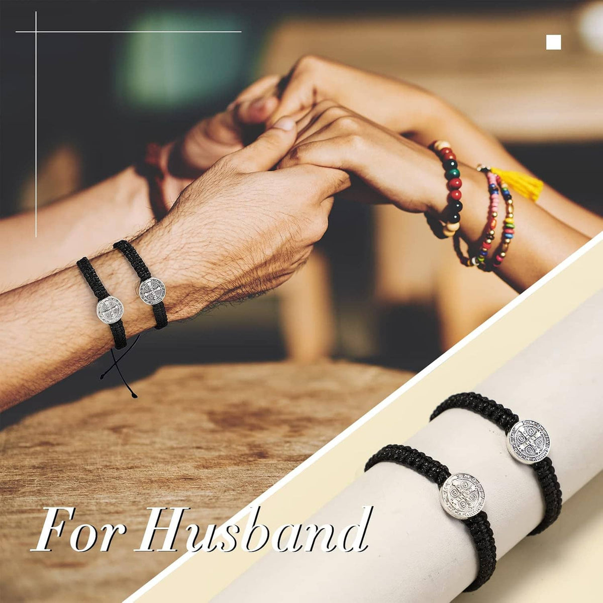 Black braided bracelet with silver Saint Benedict medal on wrist, adjustable cord