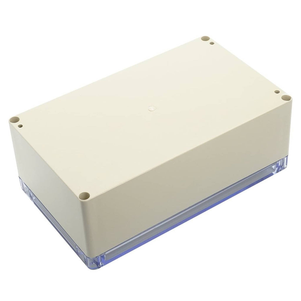 Beige ABS electrical junction box with clear side cover, open top and mounting holes
