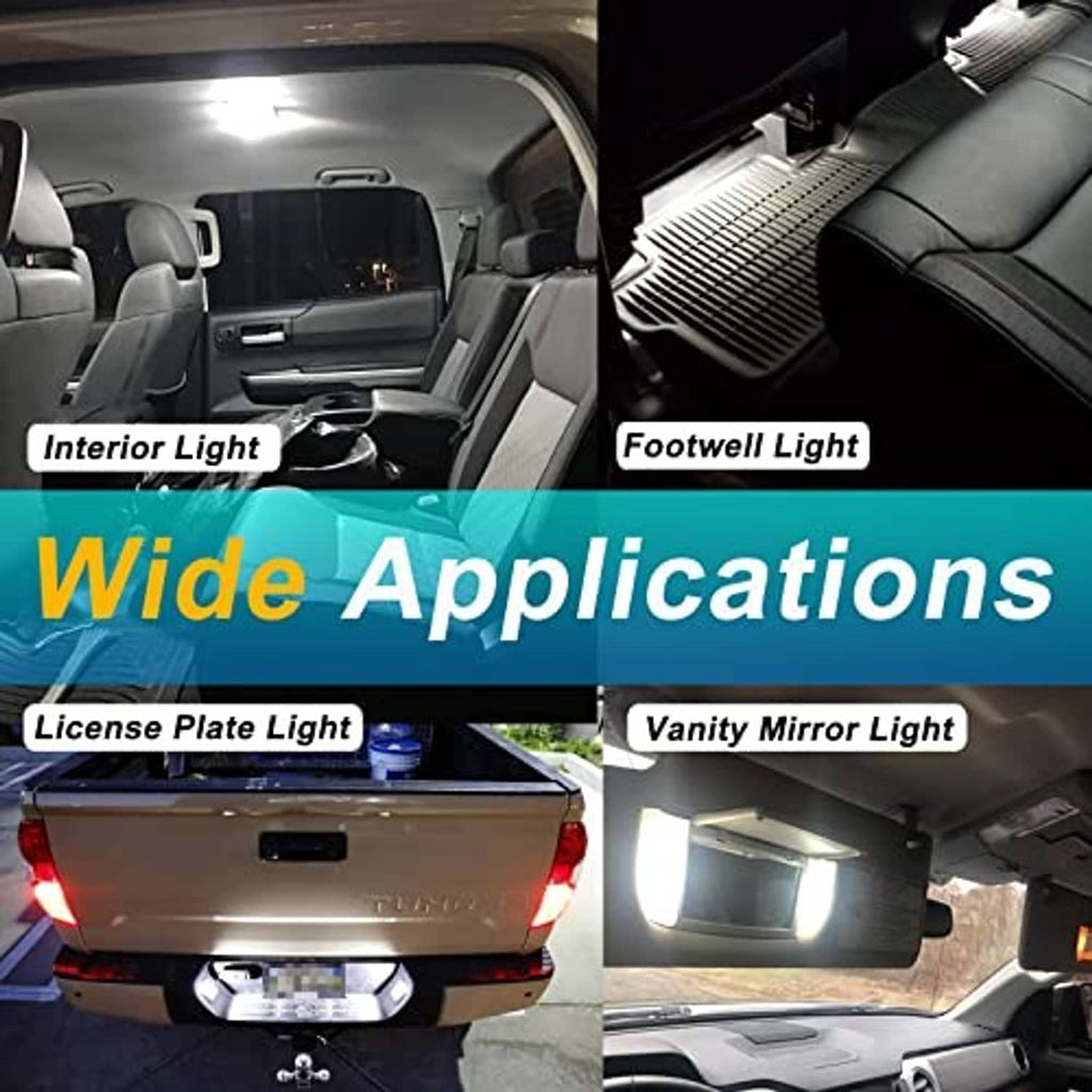 LED interior light kit in multiple vehicle locations: dome, footwell, vanity, license