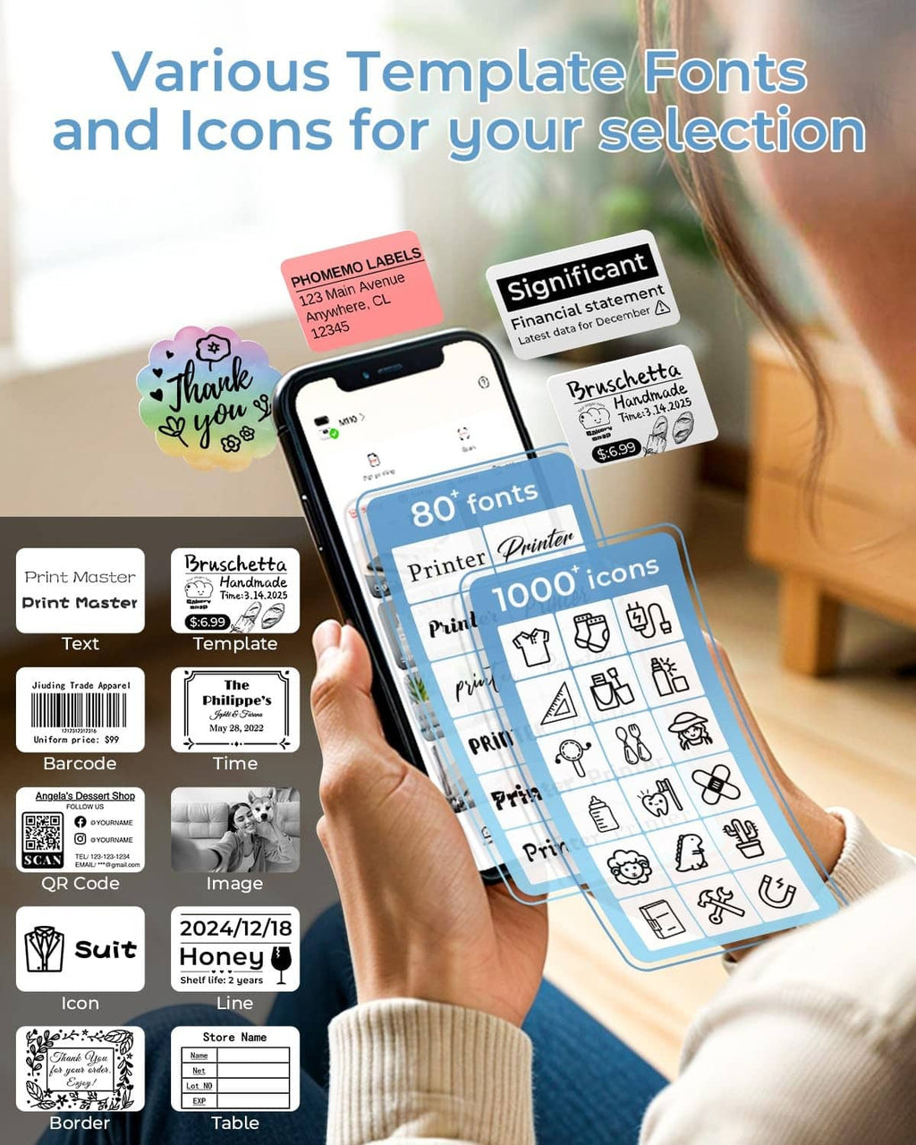 Blue label printer with a smartphone screen showing label template icons