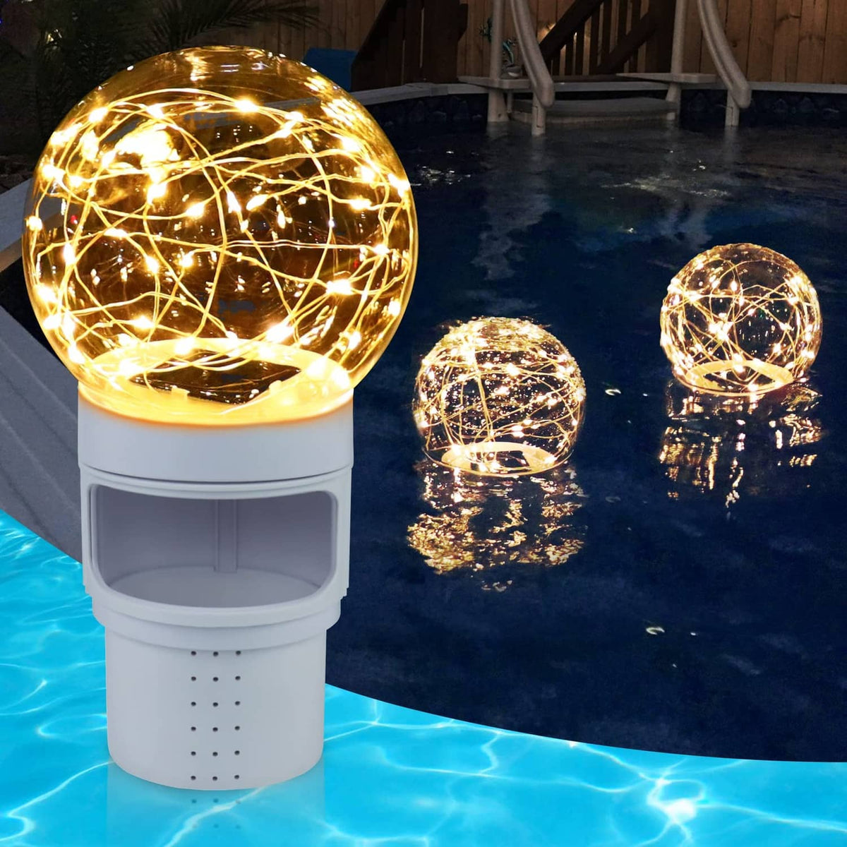 Pool chlorine floater with glowing warm-white solar ball light, floating in water