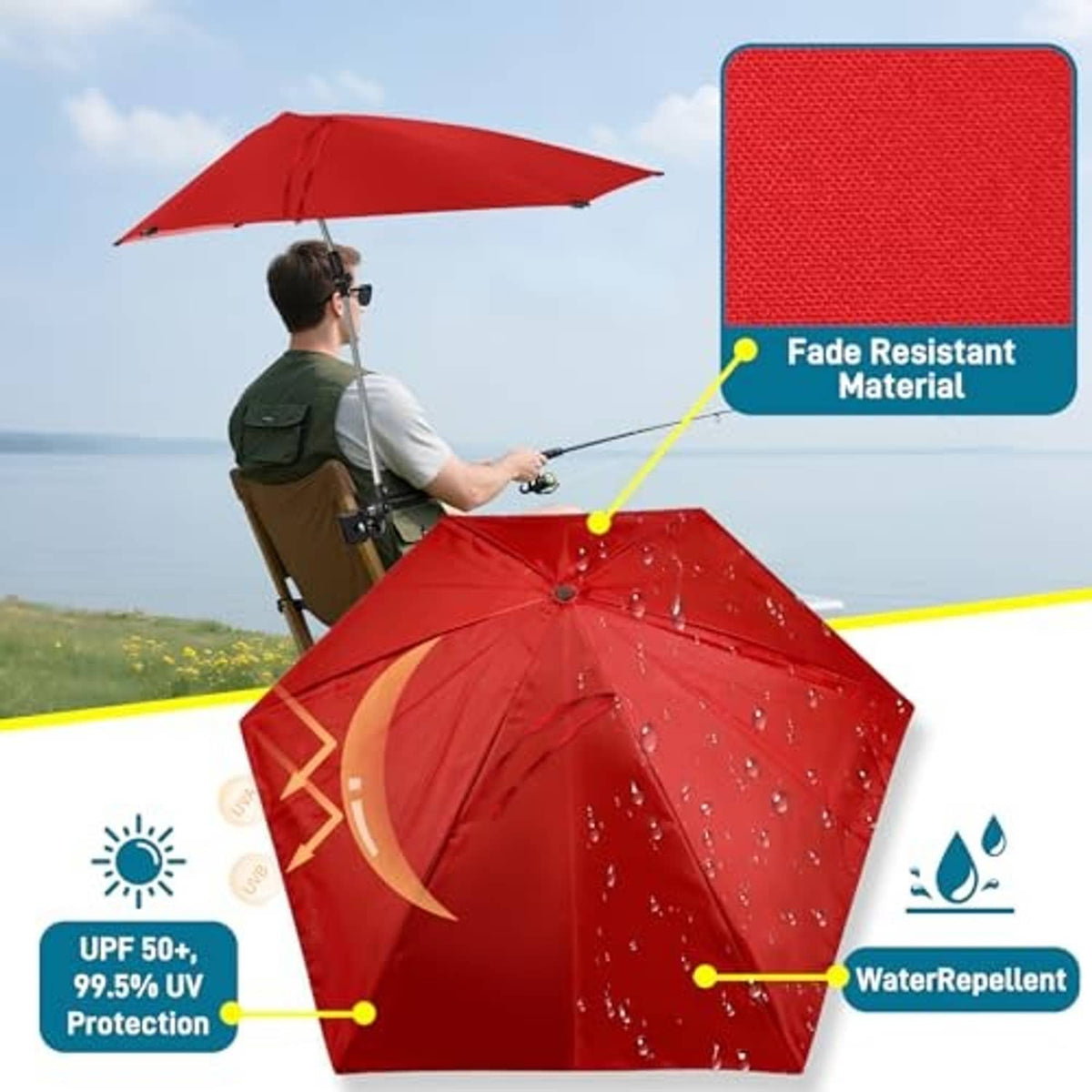 Red replacement umbrella canopy with water droplets on the fabric and center button