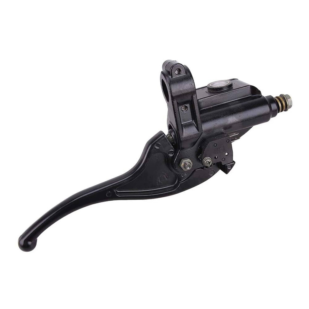 Brake master cylinder with black lever and mounting hardware, close side view