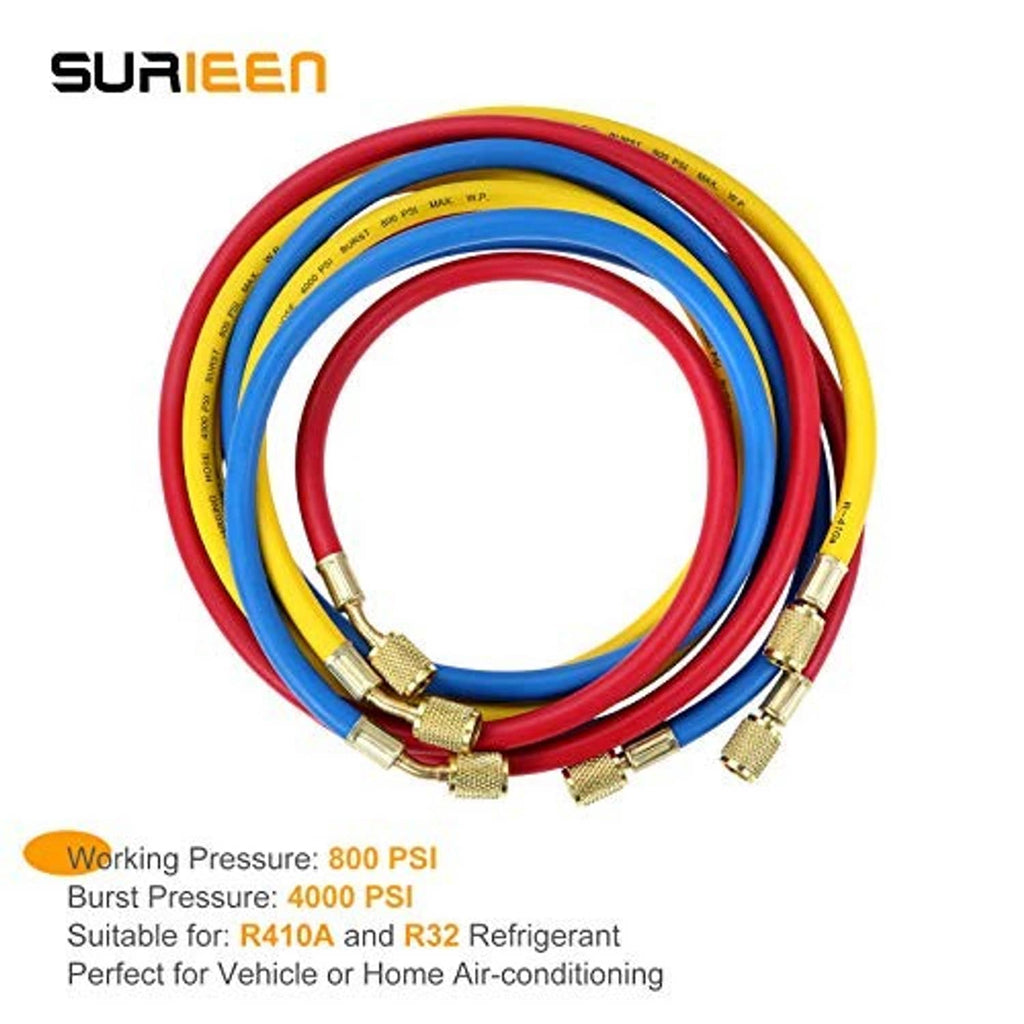 Red, blue, and yellow AC refrigerant charging hose set with brass 1/4" SAE connectors