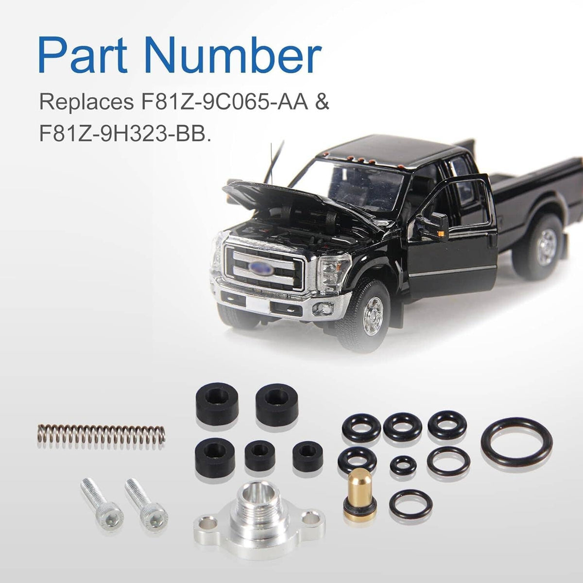 Fuel pressure regulator kit with assorted O-rings, grommets, bolts, and regulator valve