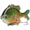 Multi-jointed fishing lure in green and orange pumpkinseed pattern with treble hooks