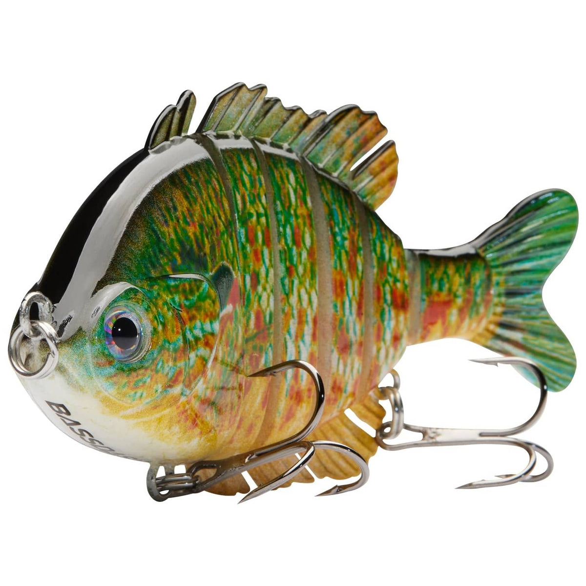 Multi-jointed fishing lure in green and orange pumpkinseed pattern with treble hooks