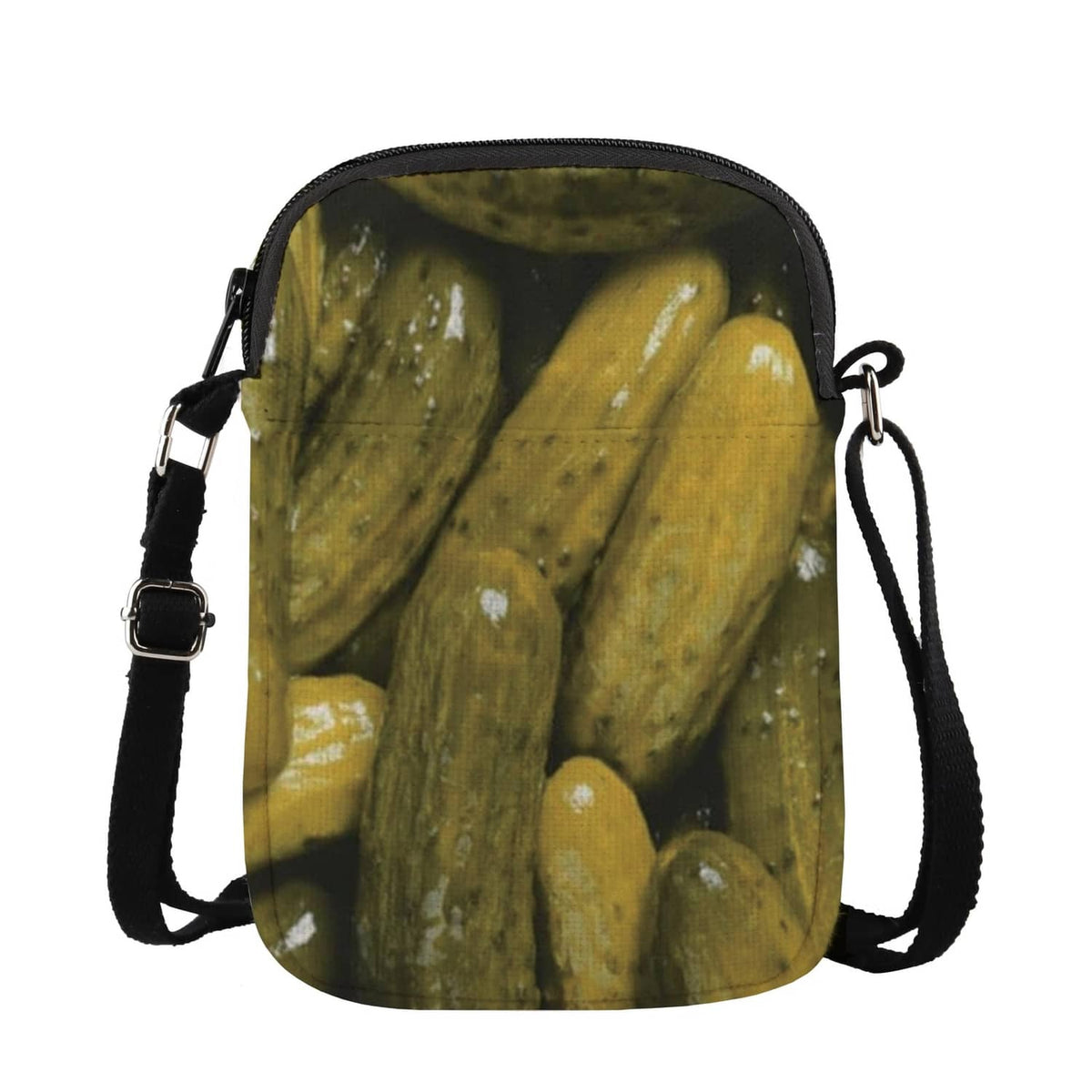 Pickle-print crossbody bag with black zipper and adjustable shoulder strap
