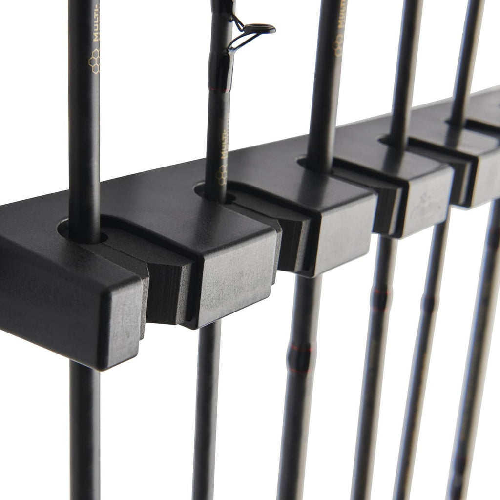 Black foam-padded rod supports on vertical rack with interlocking blocks.