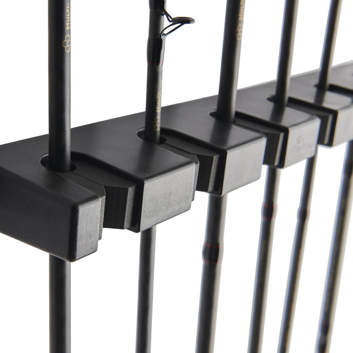 Black foam-padded rod supports on vertical rack with interlocking blocks.
