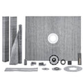 Gray shower curb kit set with central drain opening, flange parts, gaskets, and foam sheets