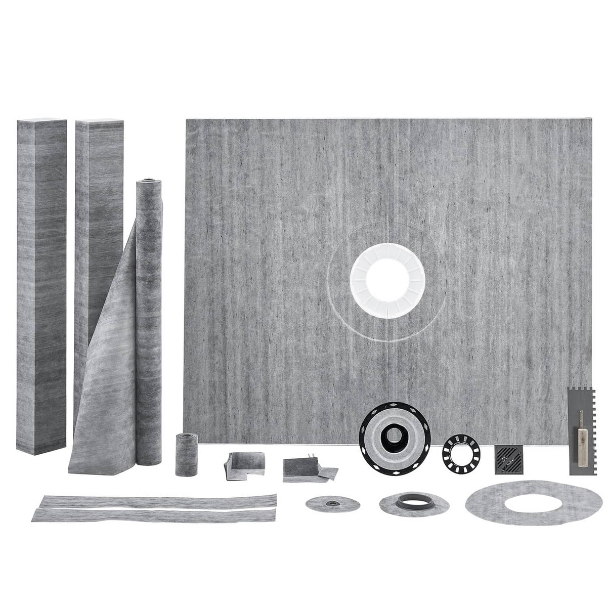 Gray shower curb kit set with central drain opening, flange parts, gaskets, and foam sheets