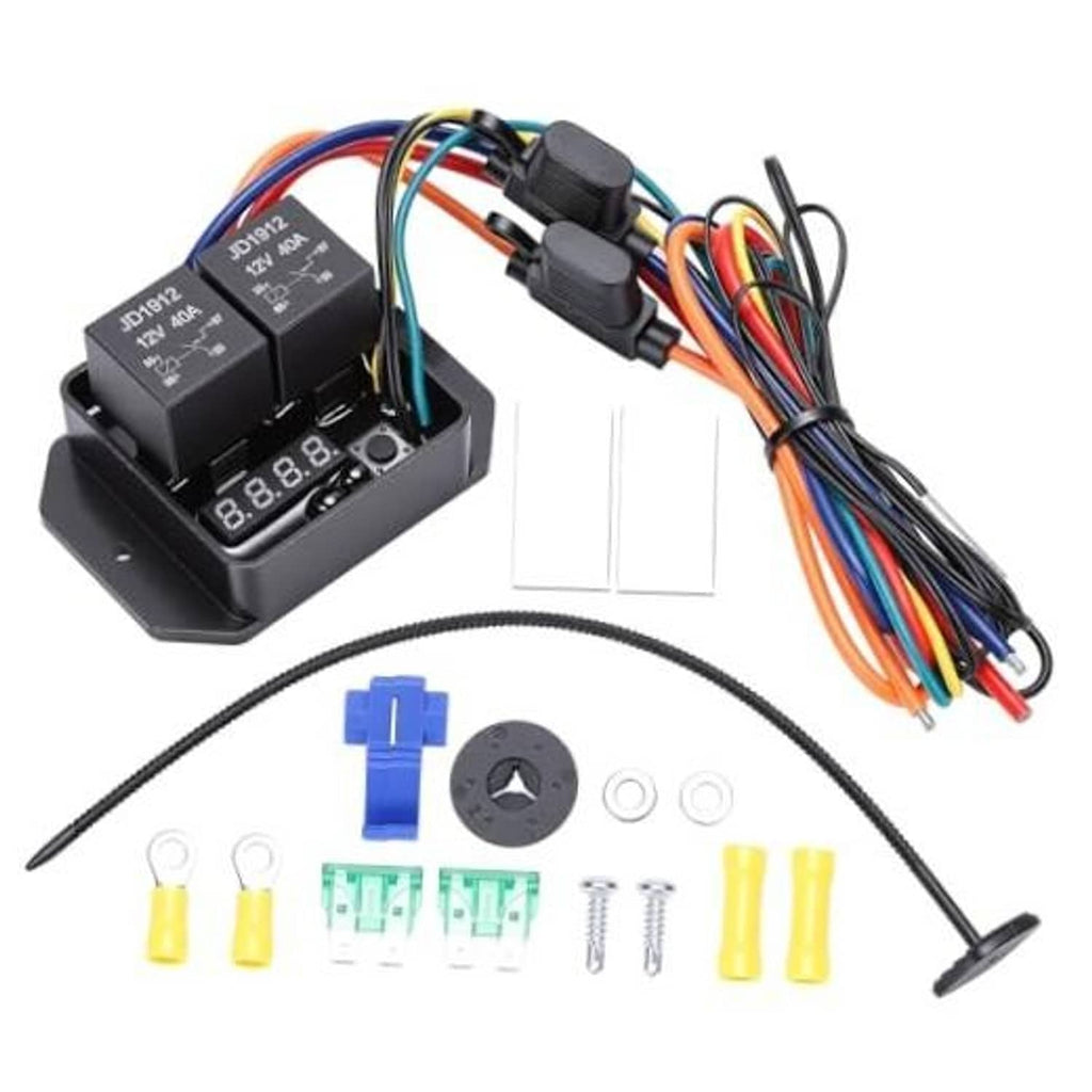 Digital DC12V radiator fan controller switch kit with display, wiring harness, connectors