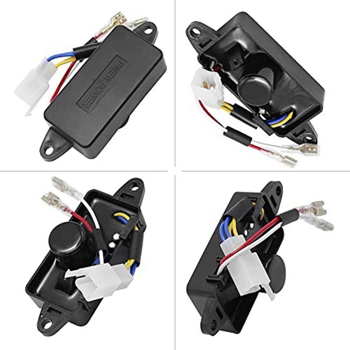 Voltage regulator module in multiple views with black housing and wiring terminals