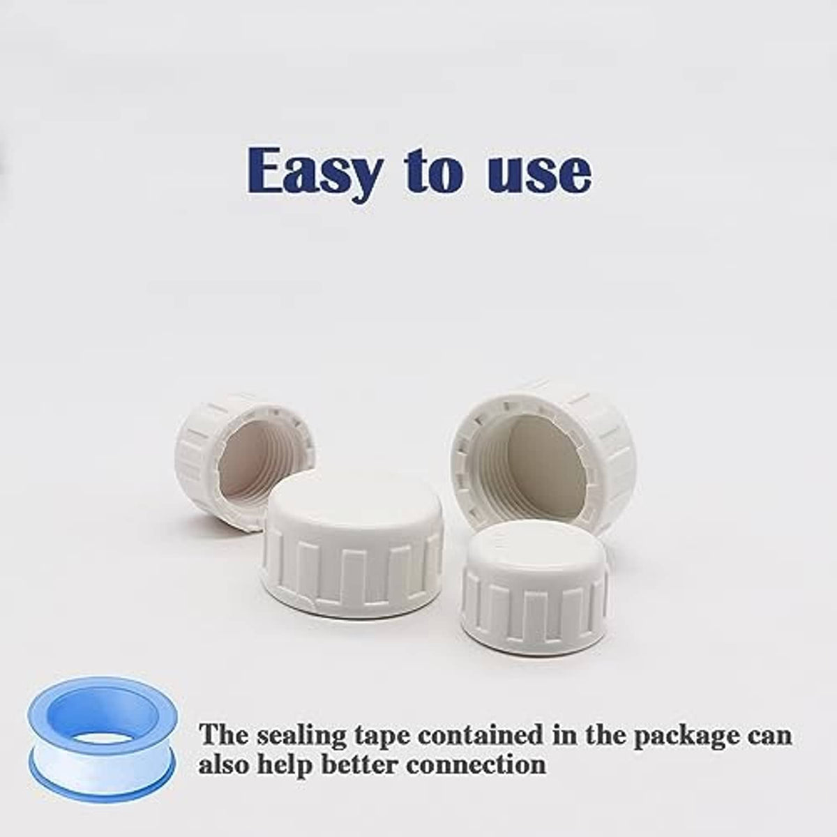 White PVC female thread pipe end cap plugs with ridged exterior; blue sealing tape roll
