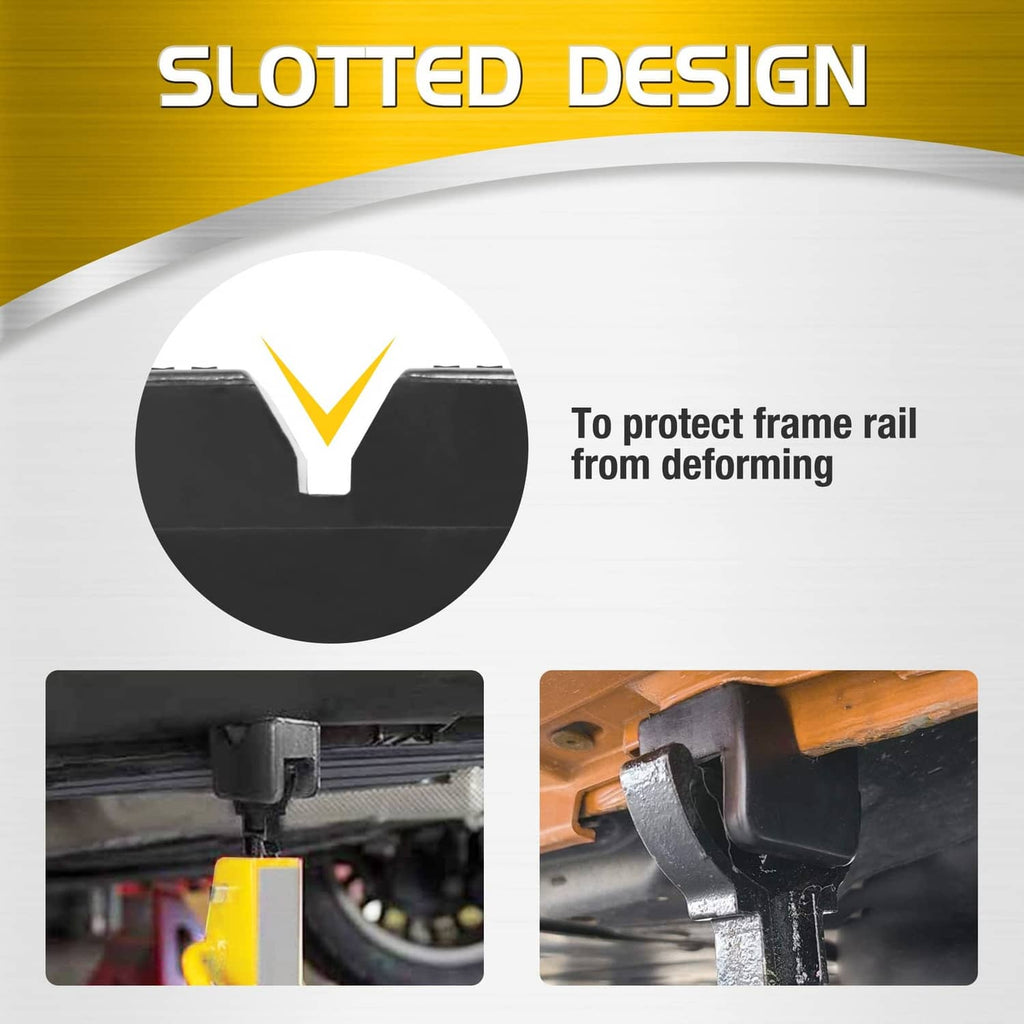 Black slotted rubber jack pad protector with U-channel profile for frame rail protection