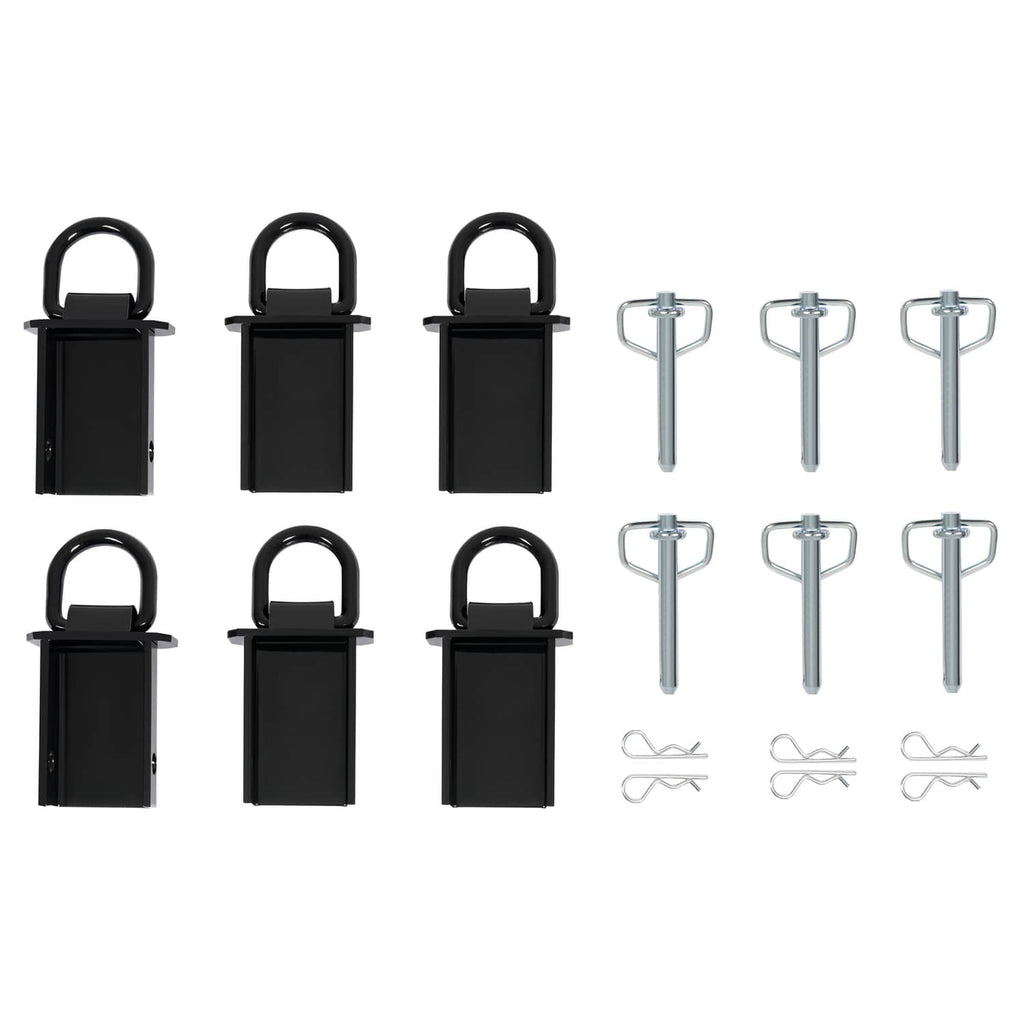 Black stake pockets with D-ring handles plus included galvanized pins and hooks