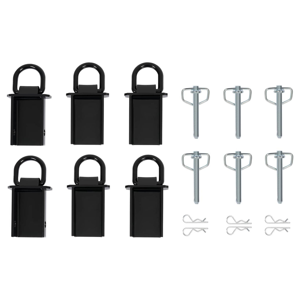 Black stake pockets with D-ring handles plus included galvanized pins and hooks