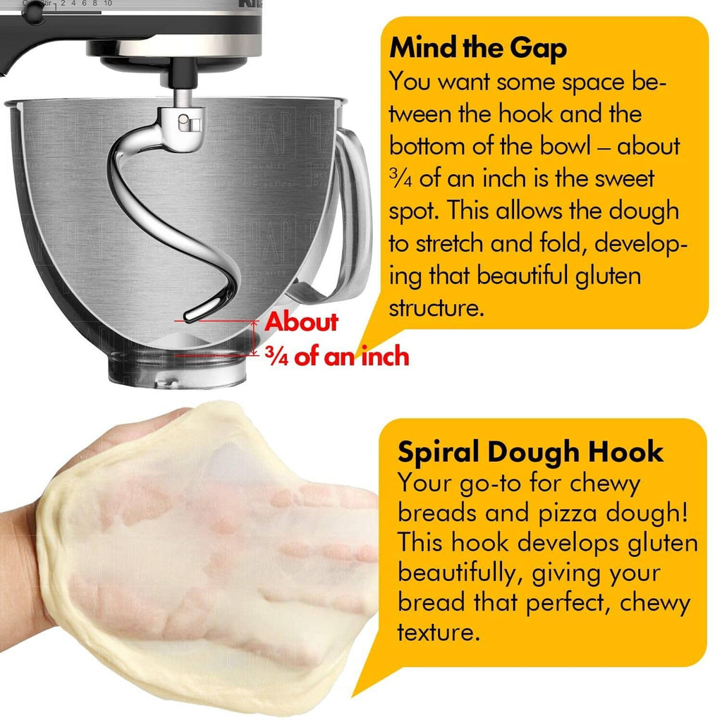 Spiral dough hook attachment with mind-the-gap guide graphic