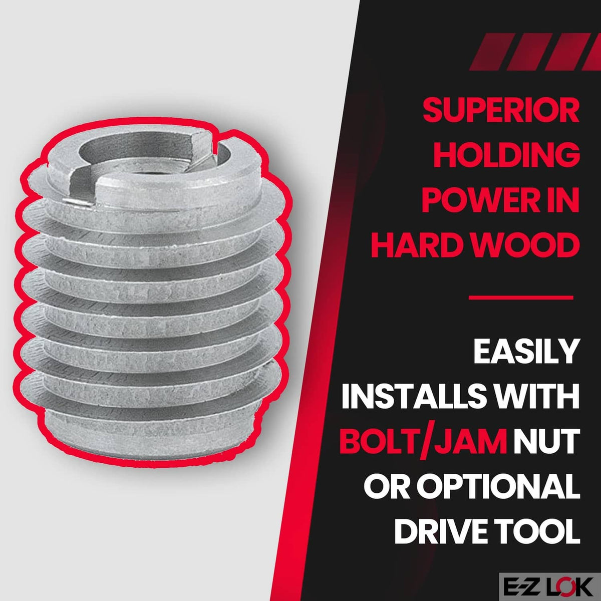 Stainless steel threaded insert with flanged spiral ridges, shown in circled highlight