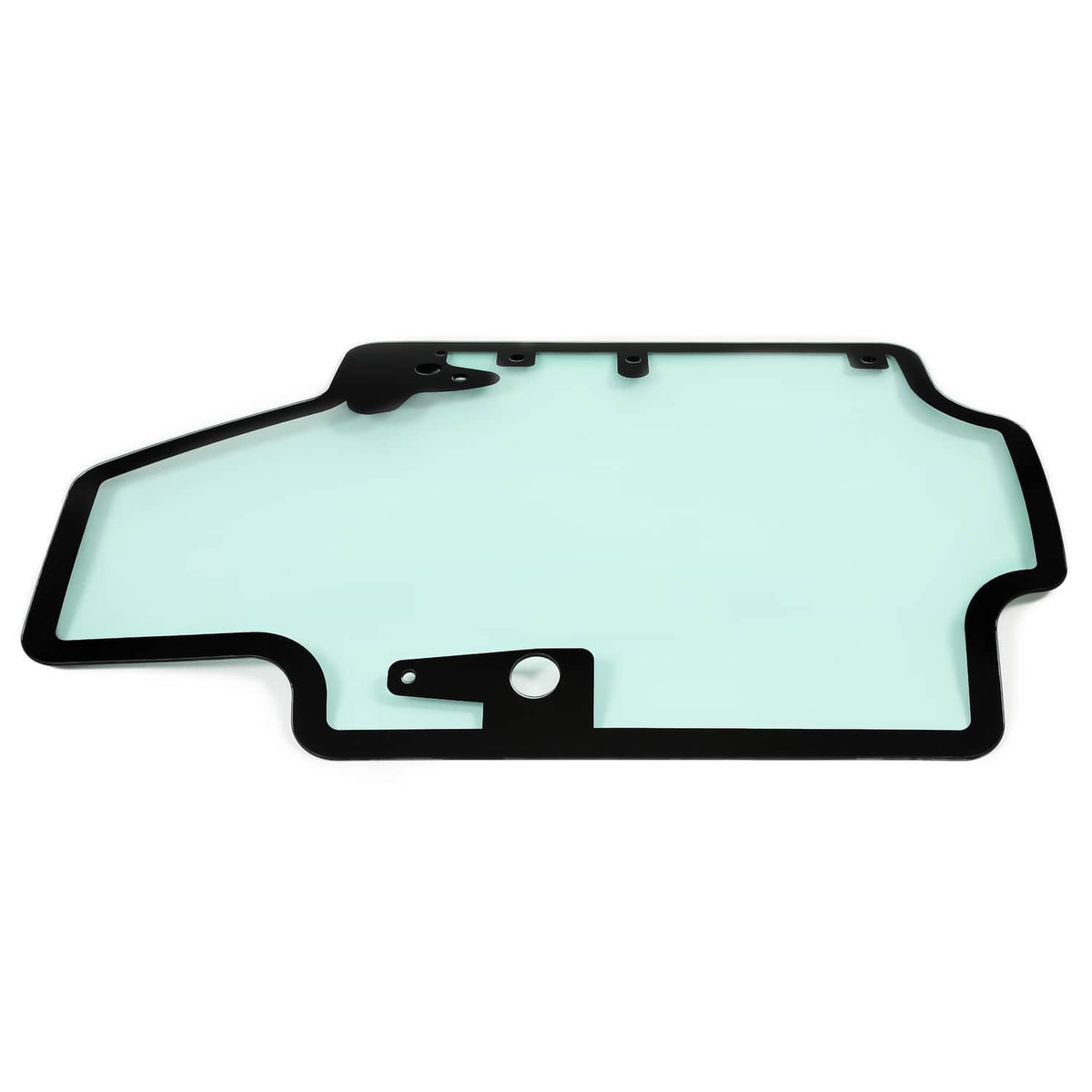 Skid steer door glass panel with black frame, central latch cutout, light blue tint