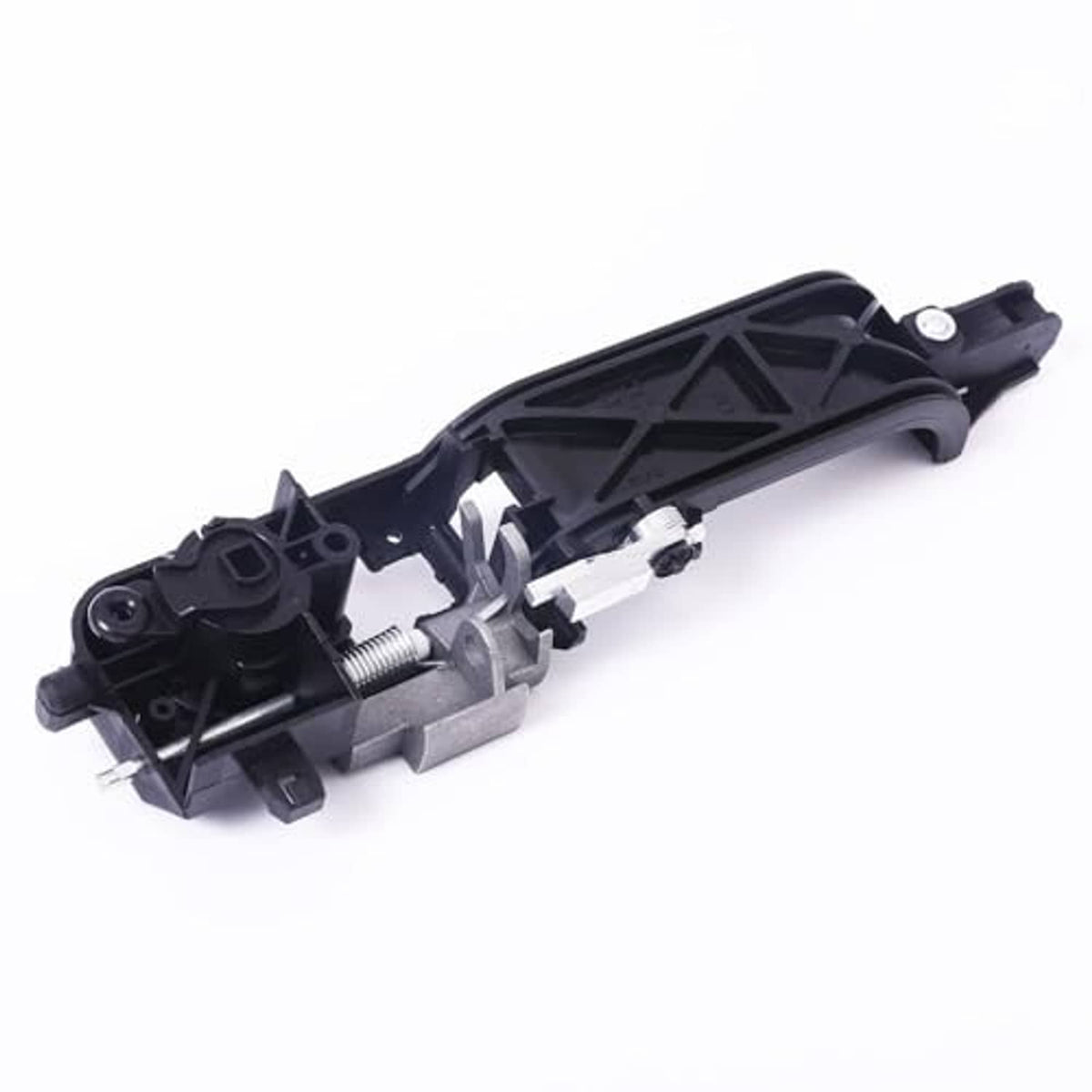 Front right door handle reinforcement assembly with black cover, spring, and metal actuator