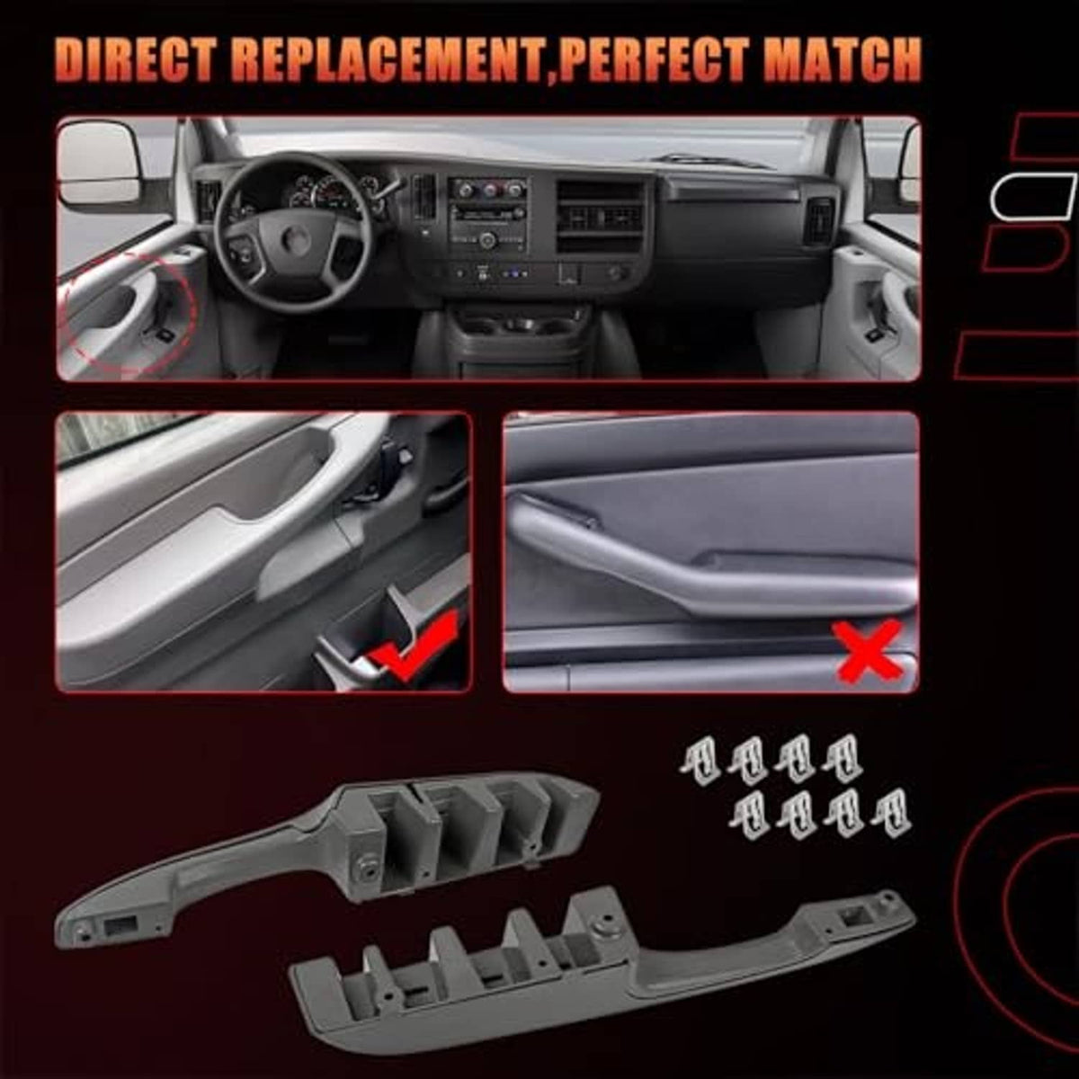 Gray interior door pull handle armrest pair with mounting points and inner tabs