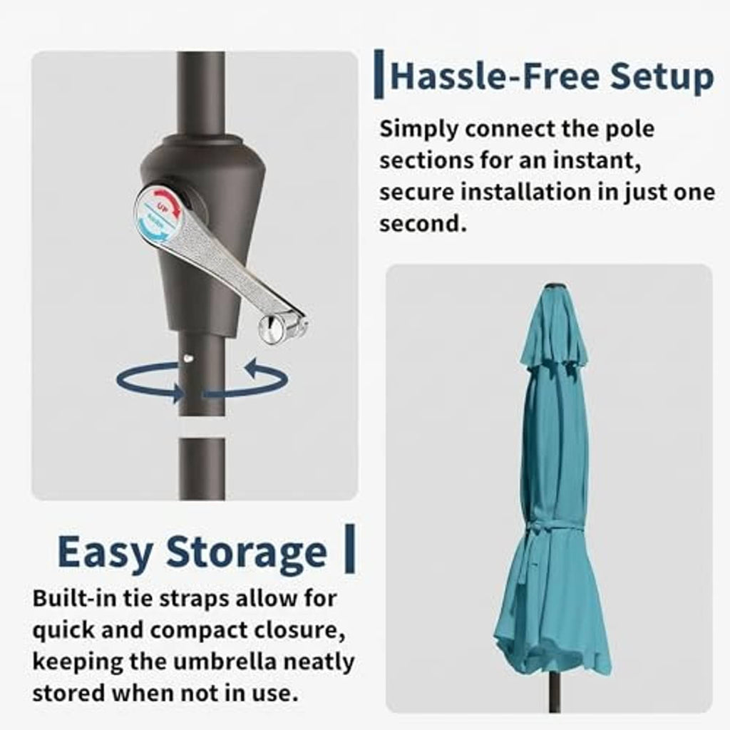Sky blue patio umbrella with tie straps for compact storage