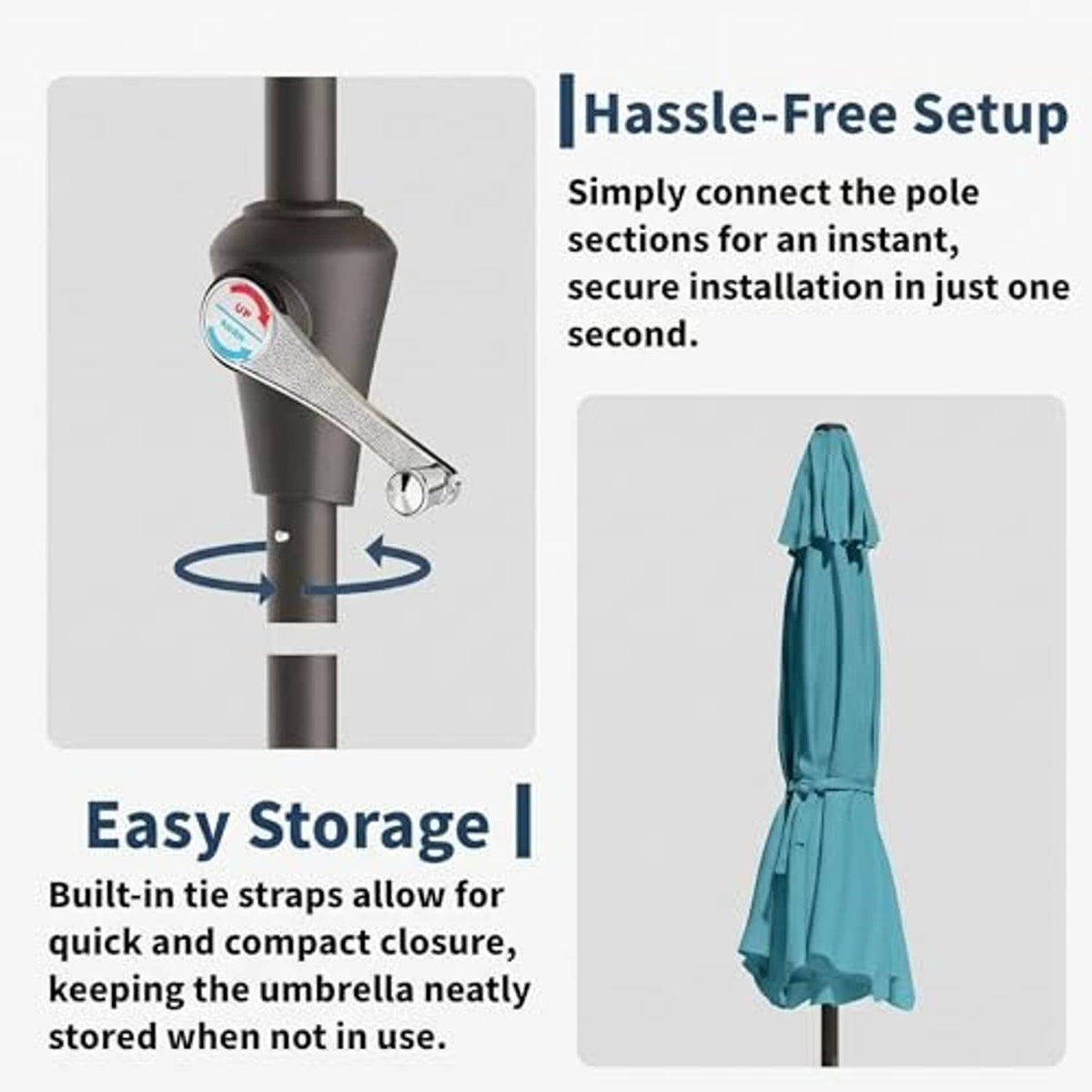 Sky blue patio umbrella with tie straps for compact storage