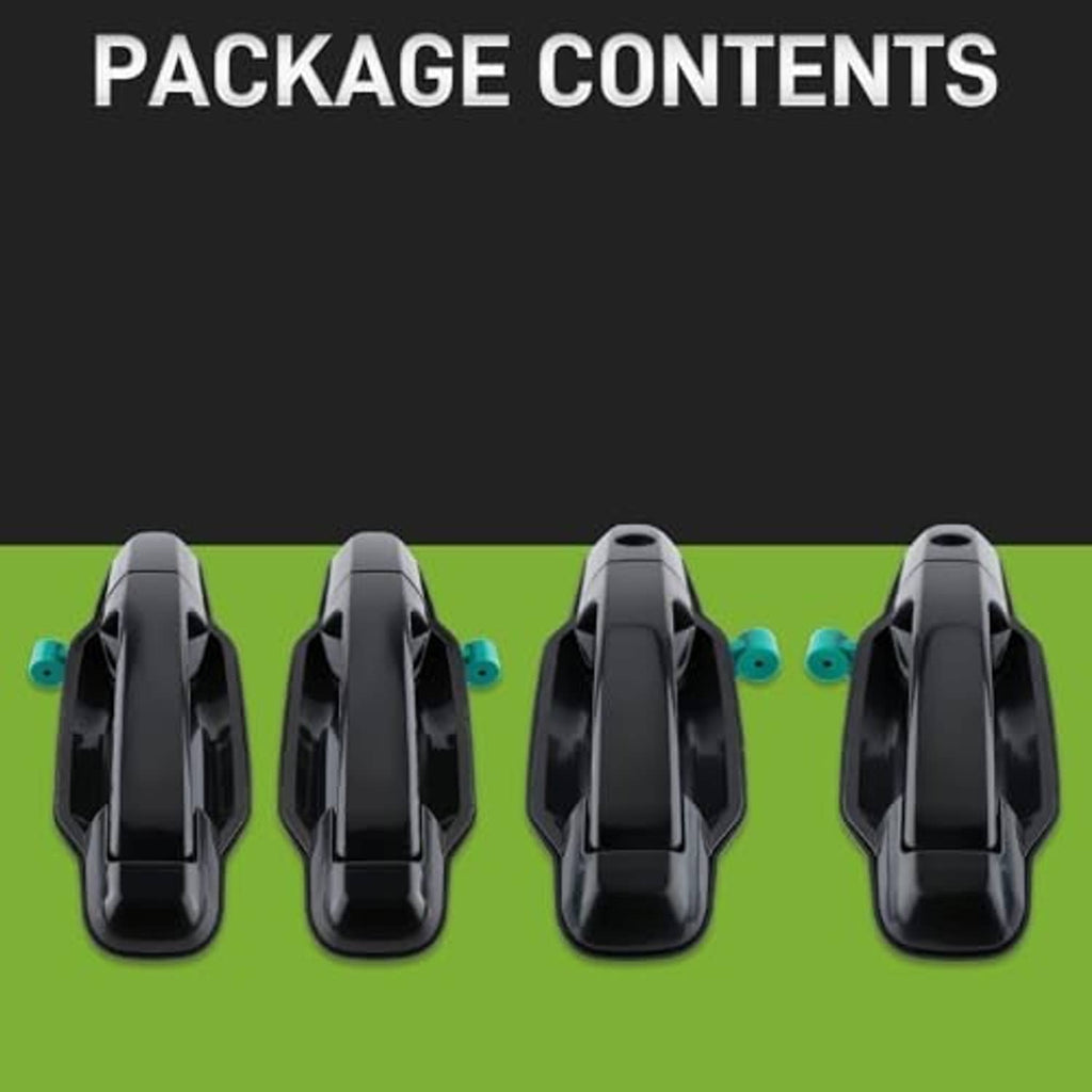 Package contents view of four black exterior door handles with green clips