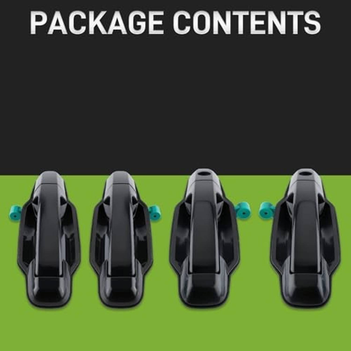 Package contents view of four black exterior door handles with green clips