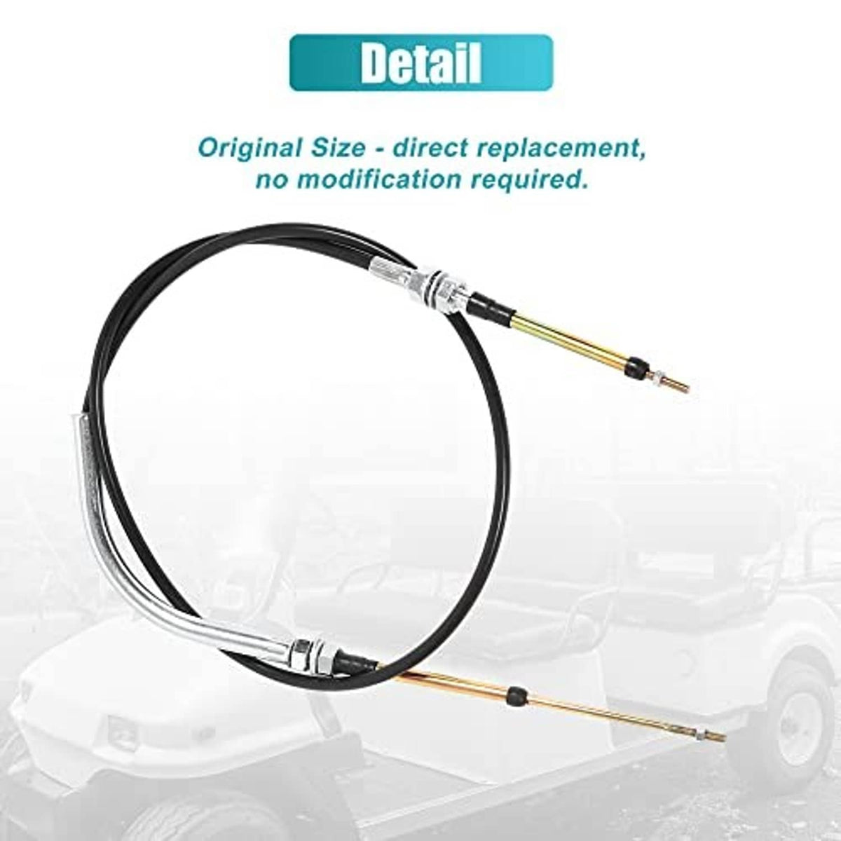 Transmission shift cable with coiled black jacket, chrome connectors, and gold inner wires.
