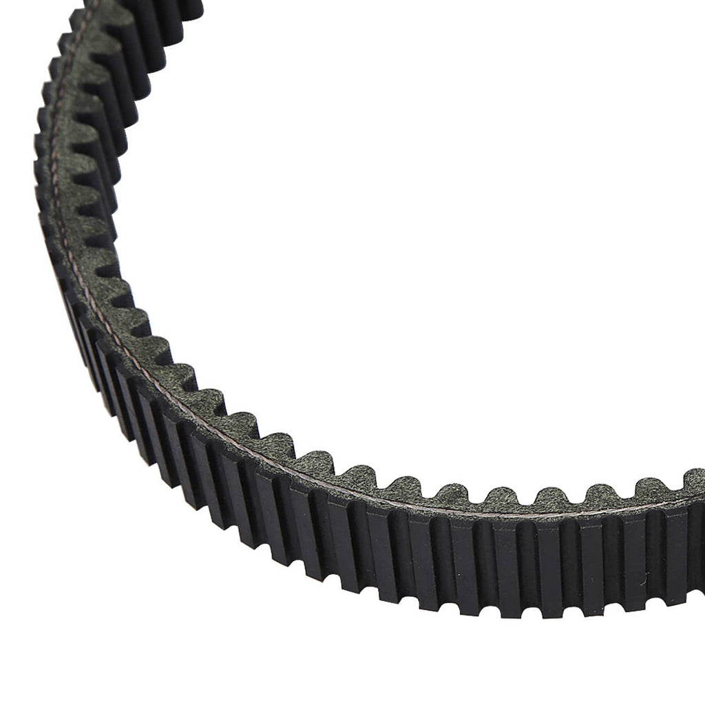 Close-up of black toothed drive belt edge with interlocking tooth pattern