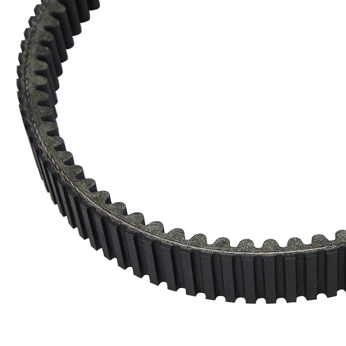 Close-up of black toothed drive belt edge with interlocking tooth pattern