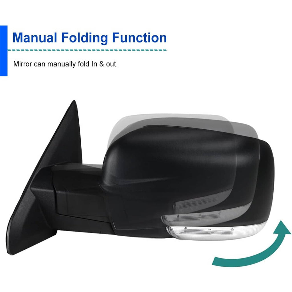 Heated manual-fold left side mirror with clear turn-signal lens, black housing