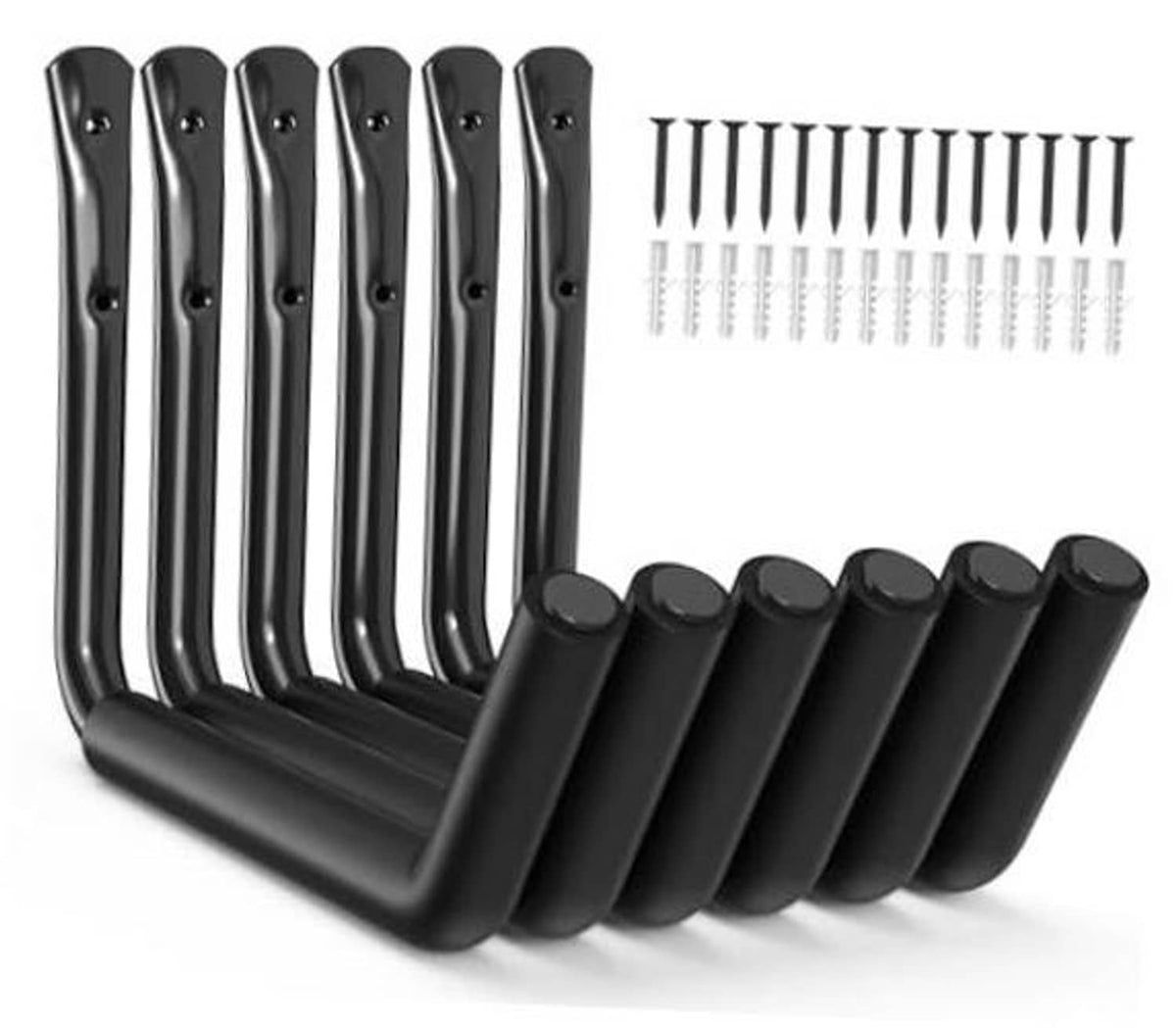 Black wall-mounted storage hooks, 6-piece set with screw hardware, curved U shape