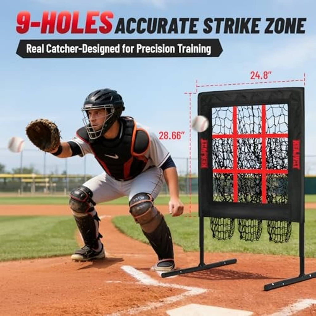 Black pitching strike-zone net with red grid, upright frame for throwing accuracy