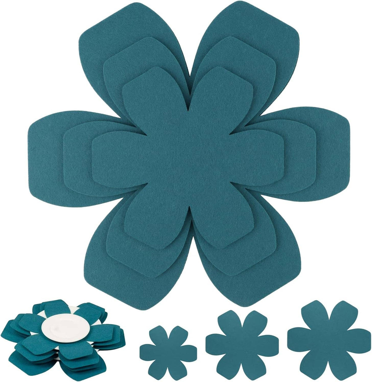 Teal felt pot and pan protectors set, flower-shaped separators with small circular piece