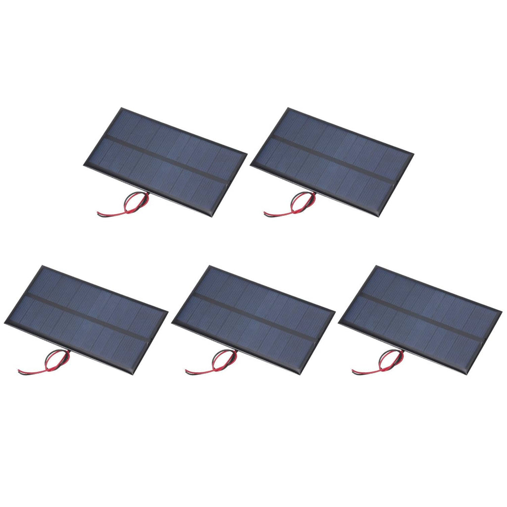 Set of 5 small black-framed solar panels with blue cells and red wire leads