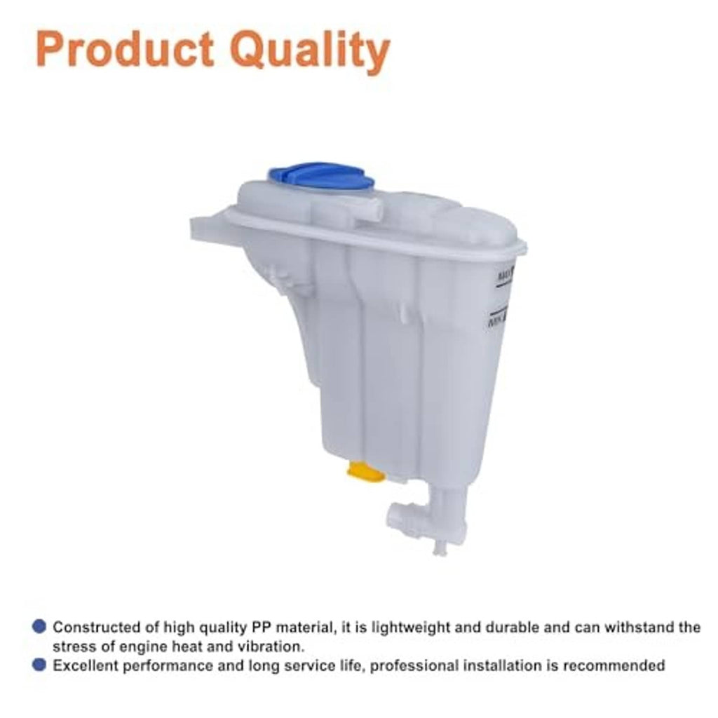 White engine coolant reservoir tank with blue cap and yellow outlet port, compact rear view.