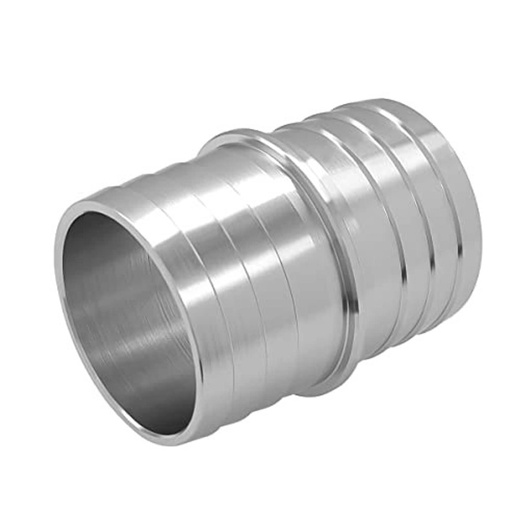 Silver hose barb coupler with one open barbed end and ridged metal body