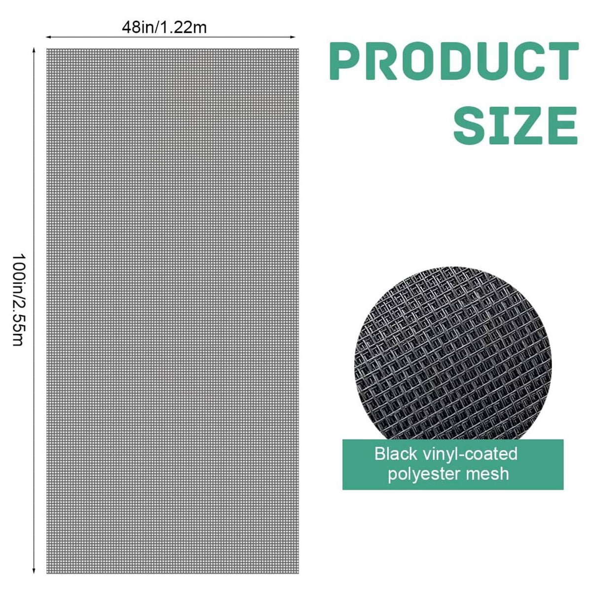 Charcoal gray window screen mesh sheet, 48 x 100 in; black vinyl-coated polyester
