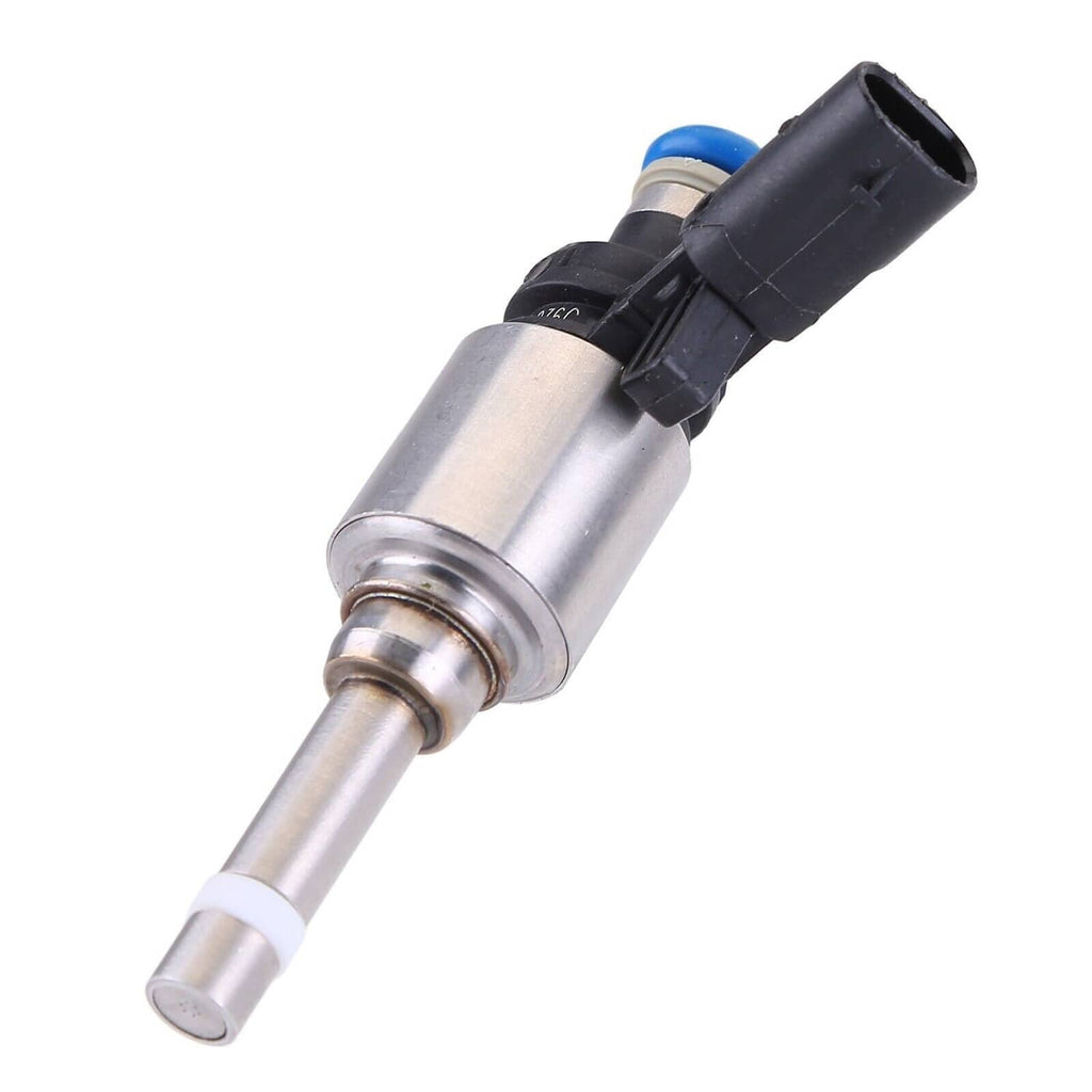 Single fuel injector with silver metal body, blue seal, and black wiring connector