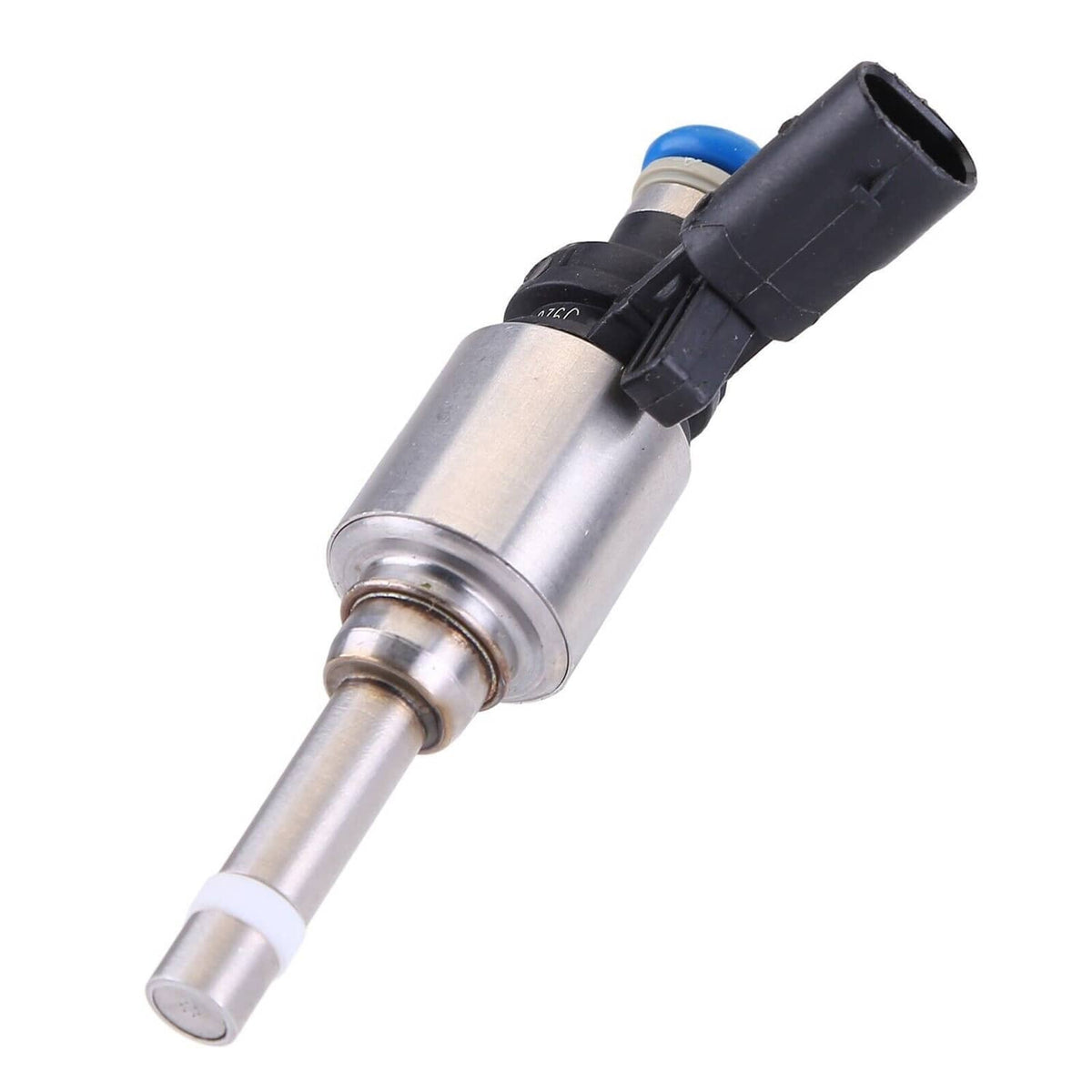 Single fuel injector with silver metal body, blue seal, and black wiring connector