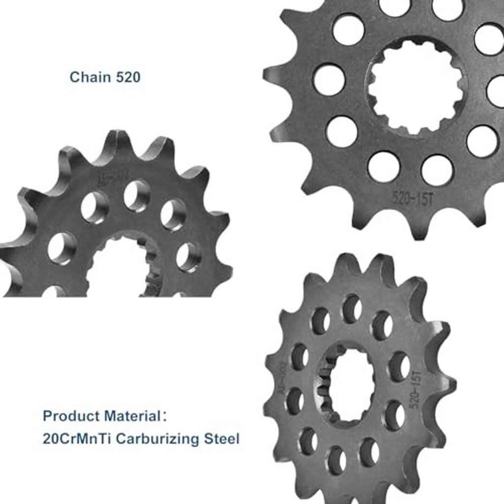 520 chain front sprocket set in dark steel, 15 teeth with center ring and holes