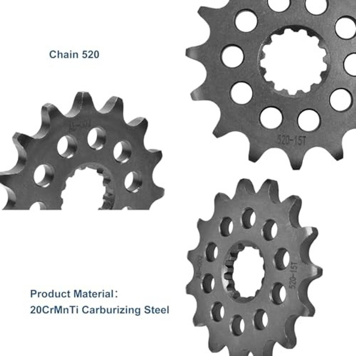 520 chain front sprocket set in dark steel, 15 teeth with center ring and holes