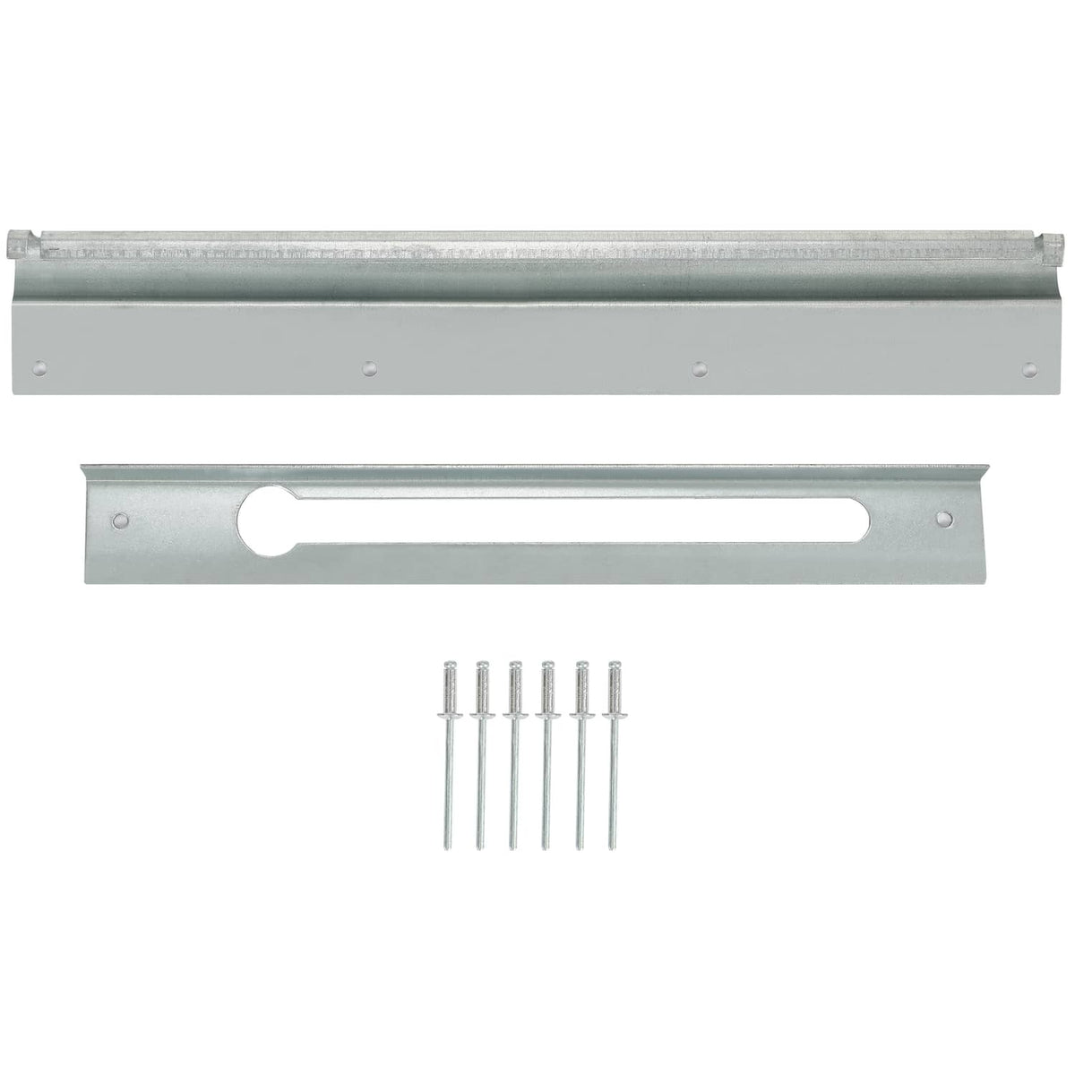 Metal mounting rail for RV roof vent cover with included screws