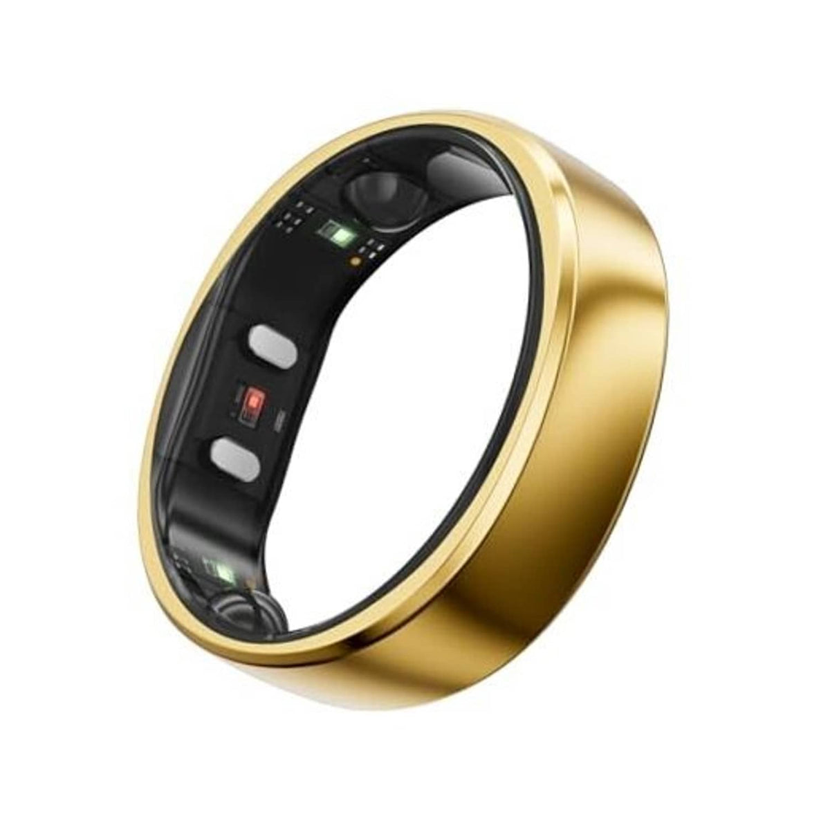 Gold smart ring with black sensor band and rounded bezel