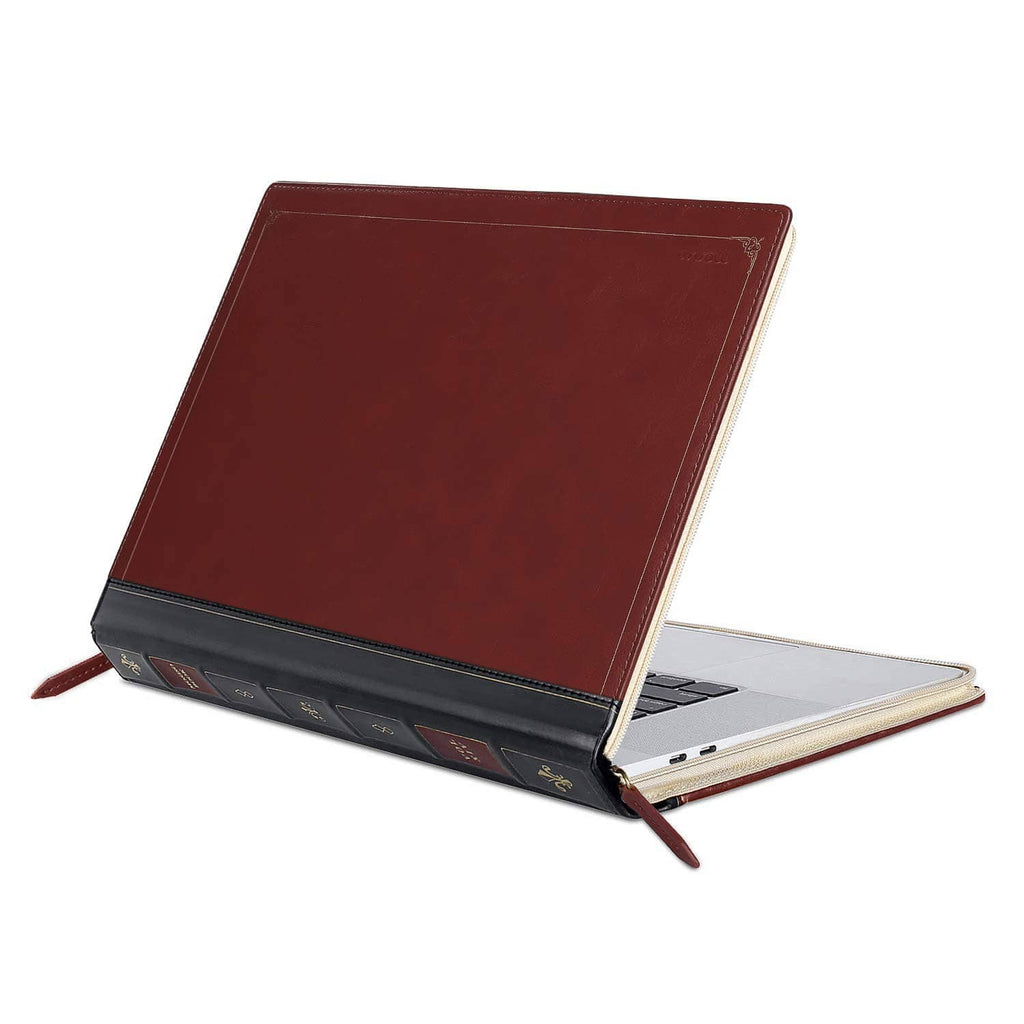 MOSISO wine red laptop case with folio cover, side stand, and decorative spine detail
