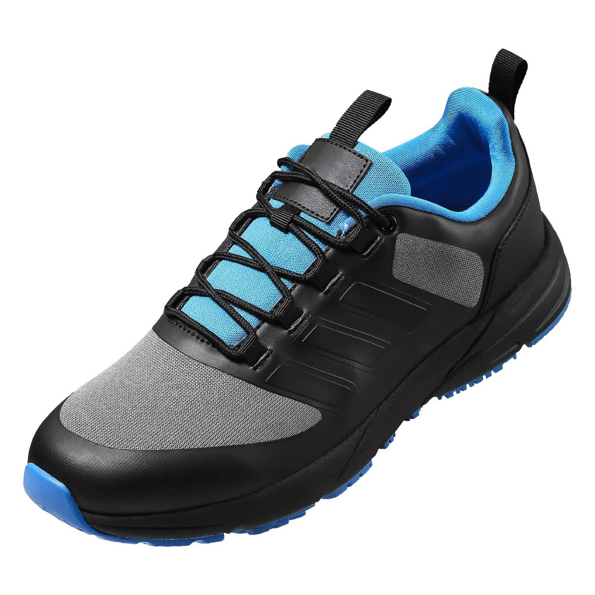 Black cross-training sneaker with blue lace sections and textured blue-edged tread.